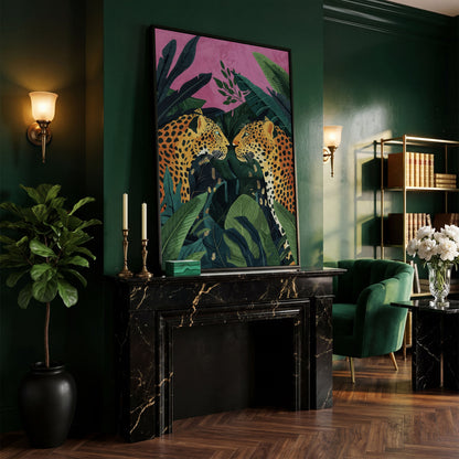 Jungle Leopard Pair Canvas Print with Tropical Leaves in black floating frame