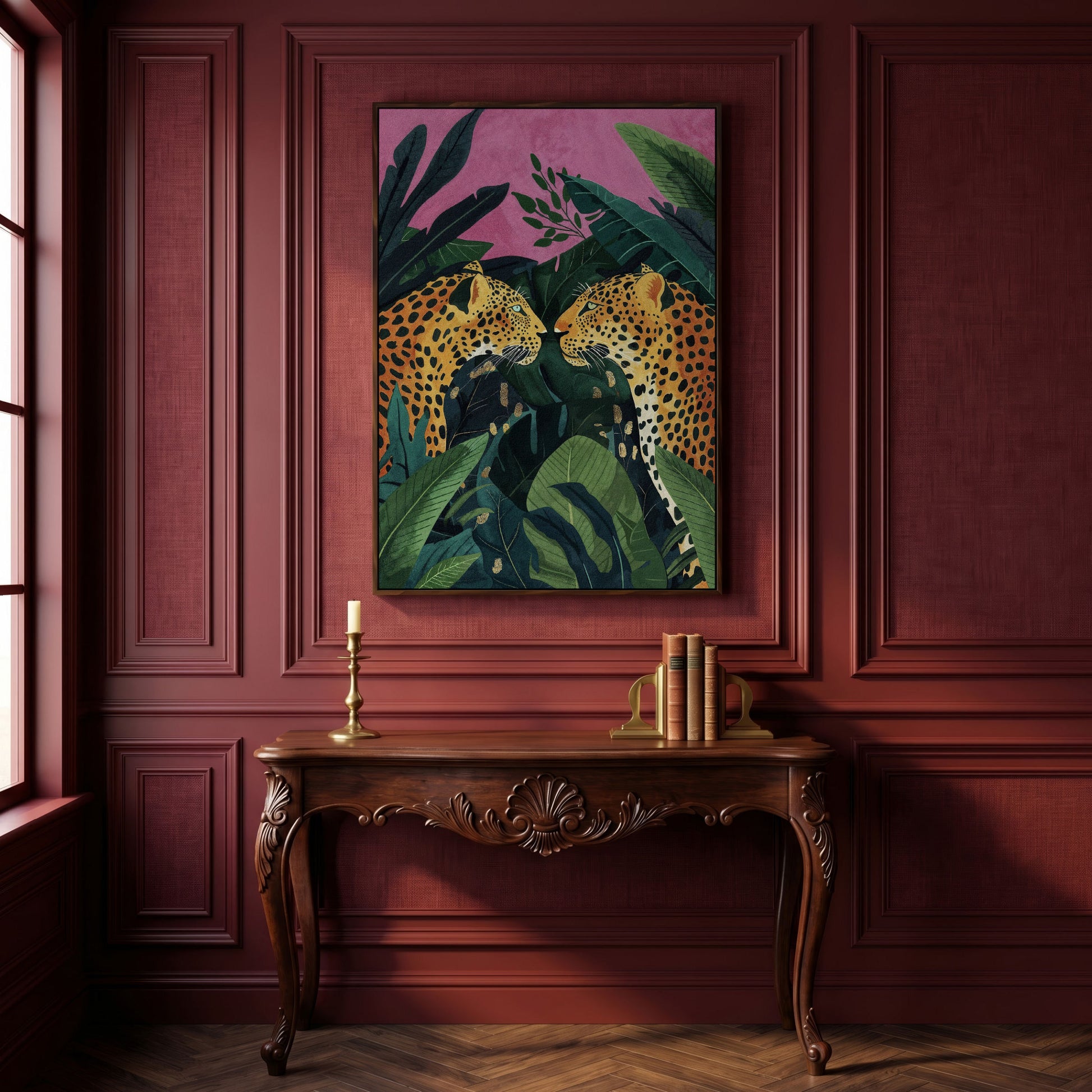 Jungle Leopard Pair Canvas Print with Tropical Leaves in dark walnut floating frame