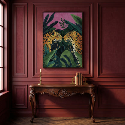 Jungle Leopard Pair Canvas Print with Tropical Leaves in dark walnut floating frame