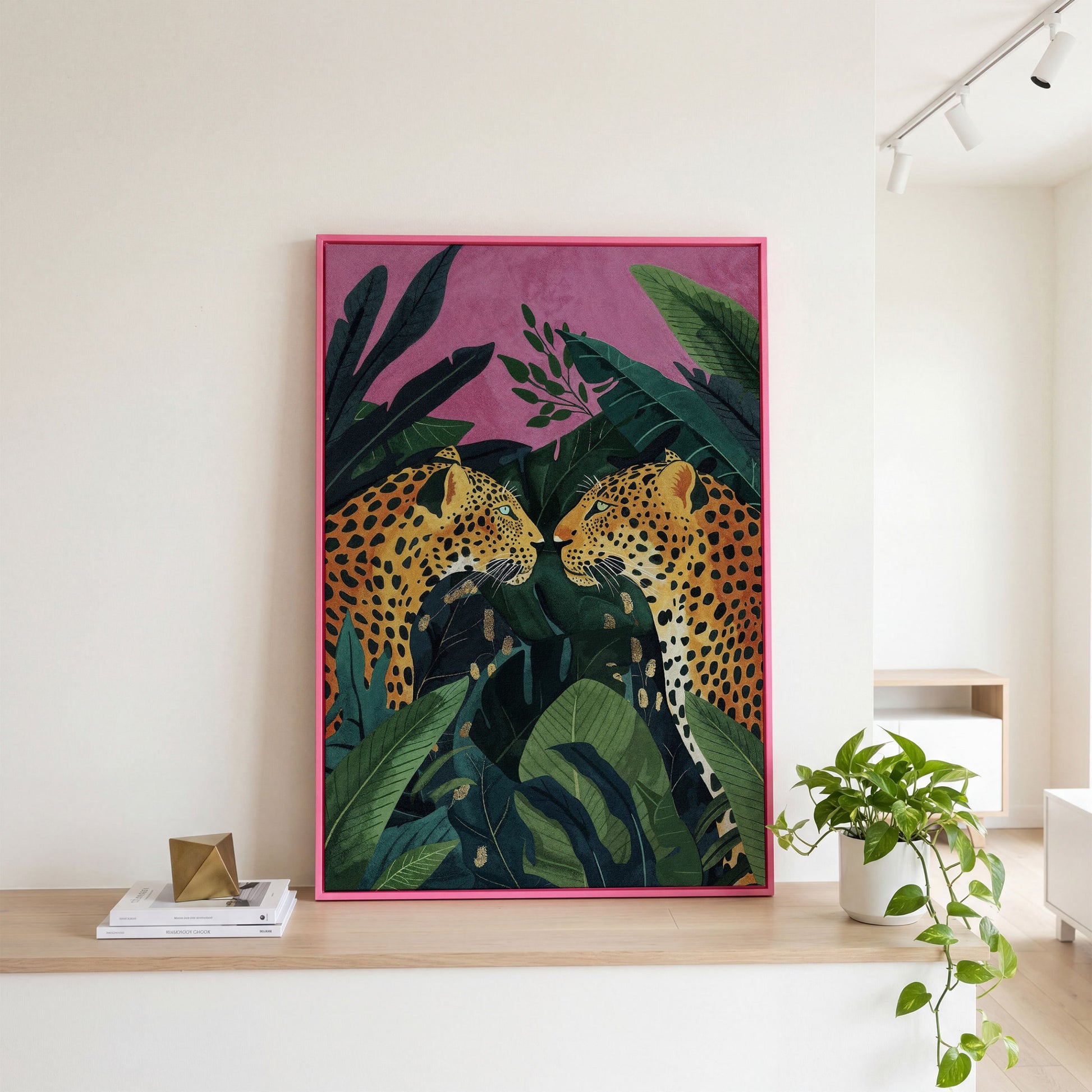 Jungle Leopard Pair Canvas Print with Tropical Leaves in pink floating frame
