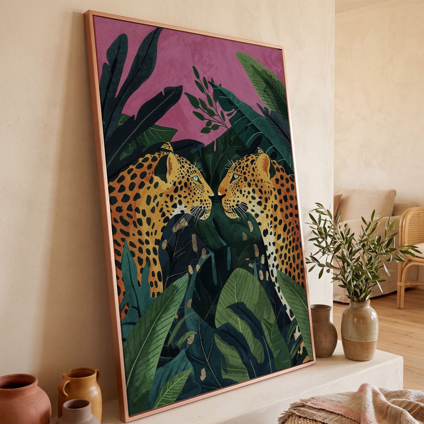 Jungle Leopard Pair Canvas Print with Tropical Leaves in rose gold floating frame