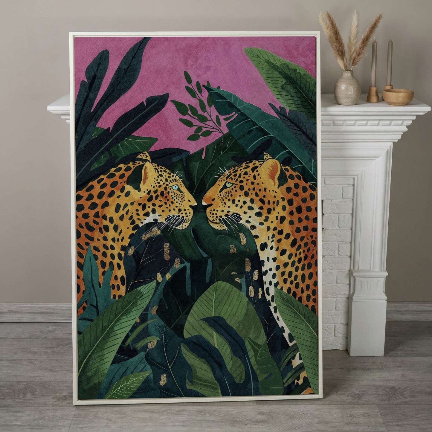 Jungle Leopard Pair Canvas Print with Tropical Leaves in white floating frame