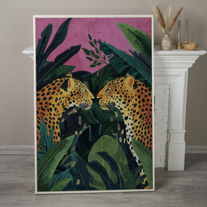 Jungle Leopard Pair Canvas Print with Tropical Leaves in white floating frame