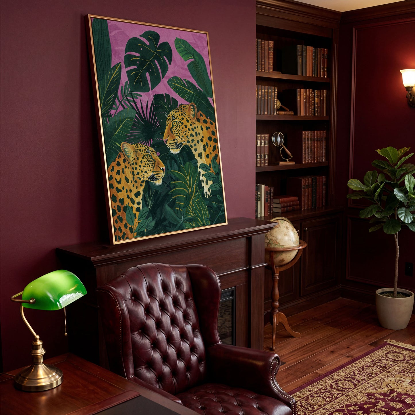 Leopard Pair in Tropical Jungle Canvas in antique gold floating frame