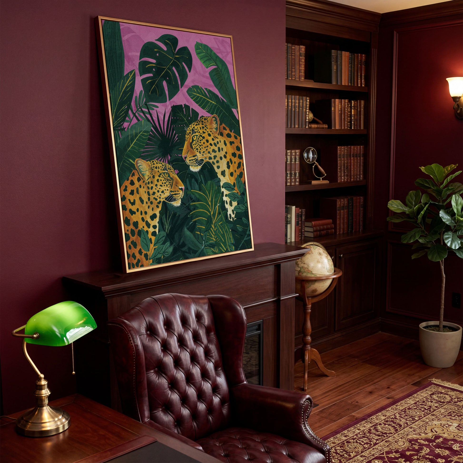 Leopard Pair in Tropical Jungle Canvas in antique gold floating frame