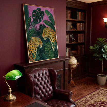 Leopard Pair in Tropical Jungle Canvas in antique gold floating frame