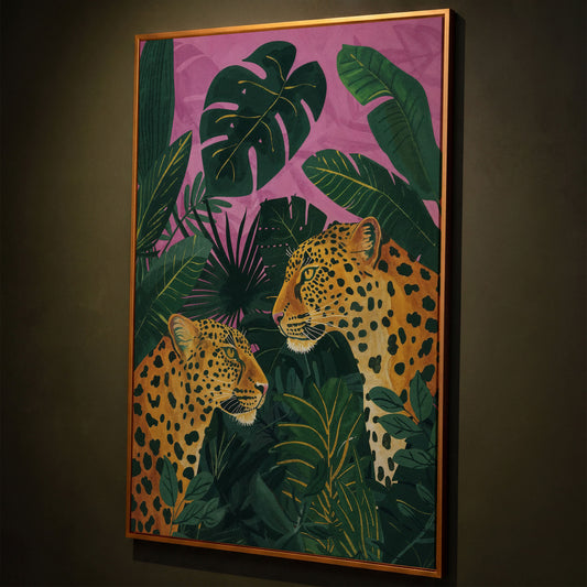 Leopard Pair in Tropical Jungle Canvas shown in antique gold floating frame