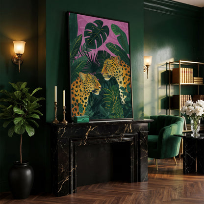 Leopard Pair in Tropical Jungle Canvas in black floating frame