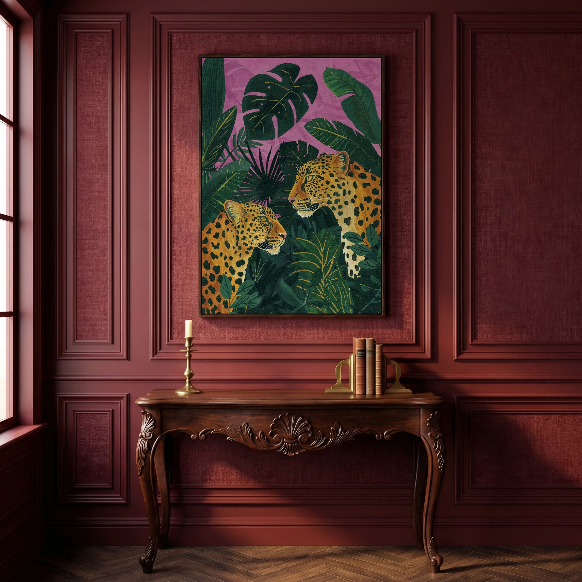 Leopard Pair in Tropical Jungle Canvas in dark walnut floating frame
