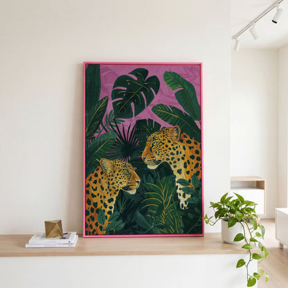 Leopard Pair in Tropical Jungle Canvas in pink floating frame