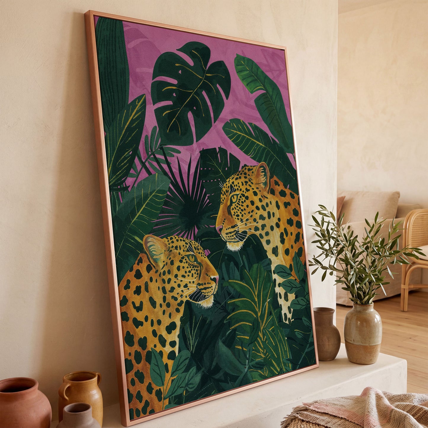 Leopard Pair in Tropical Jungle Canvas in rose gold floating frame