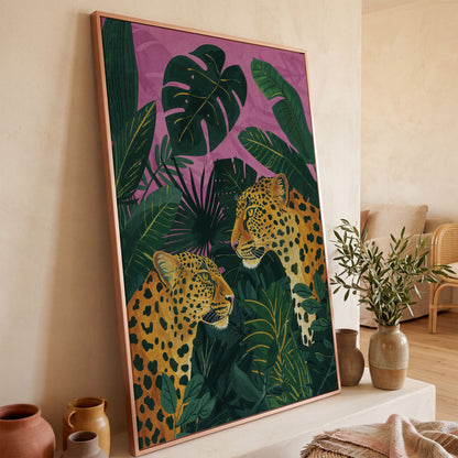 Leopard Pair in Tropical Jungle Canvas in rose gold floating frame