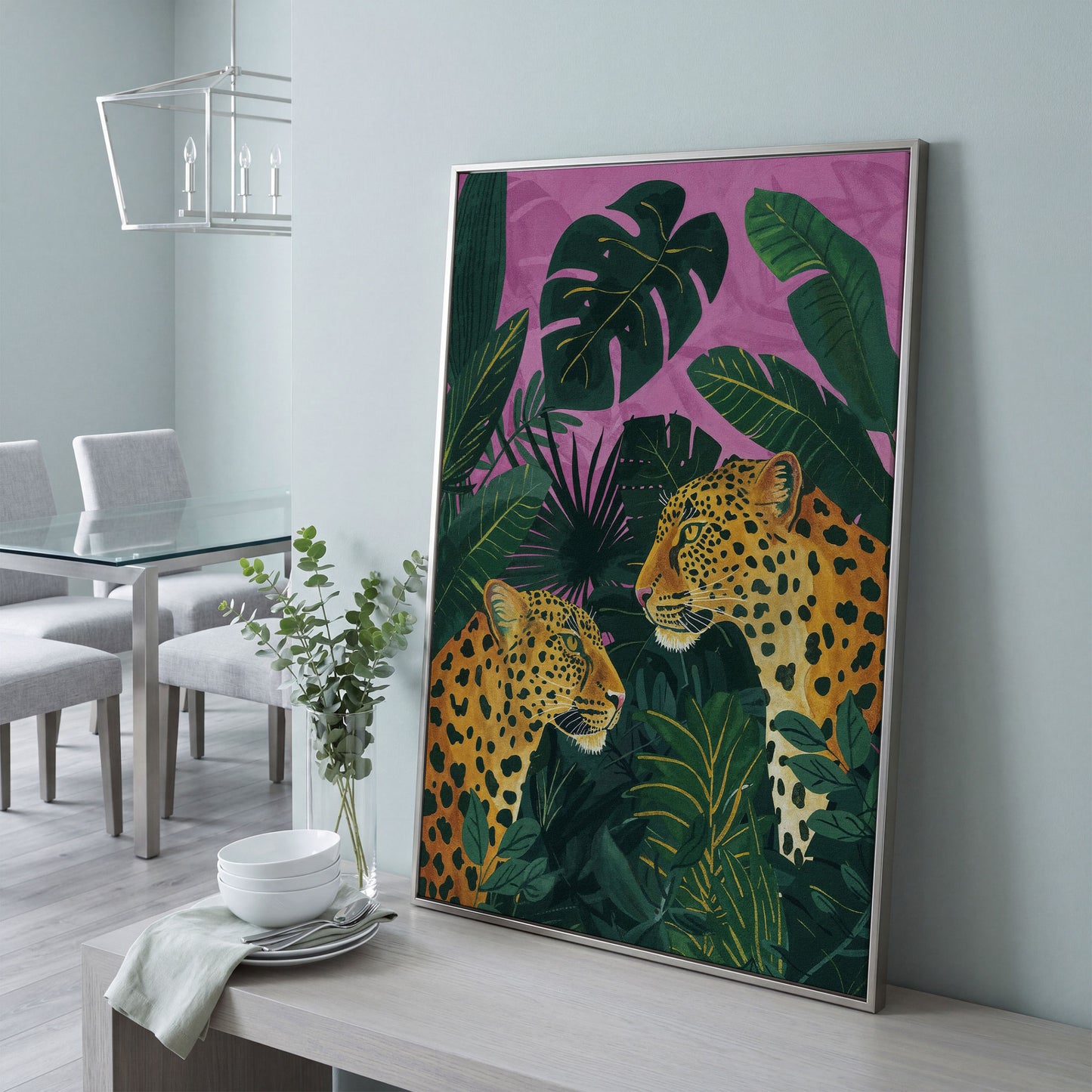 Leopard Pair in Tropical Jungle Canvas in silver floating frame