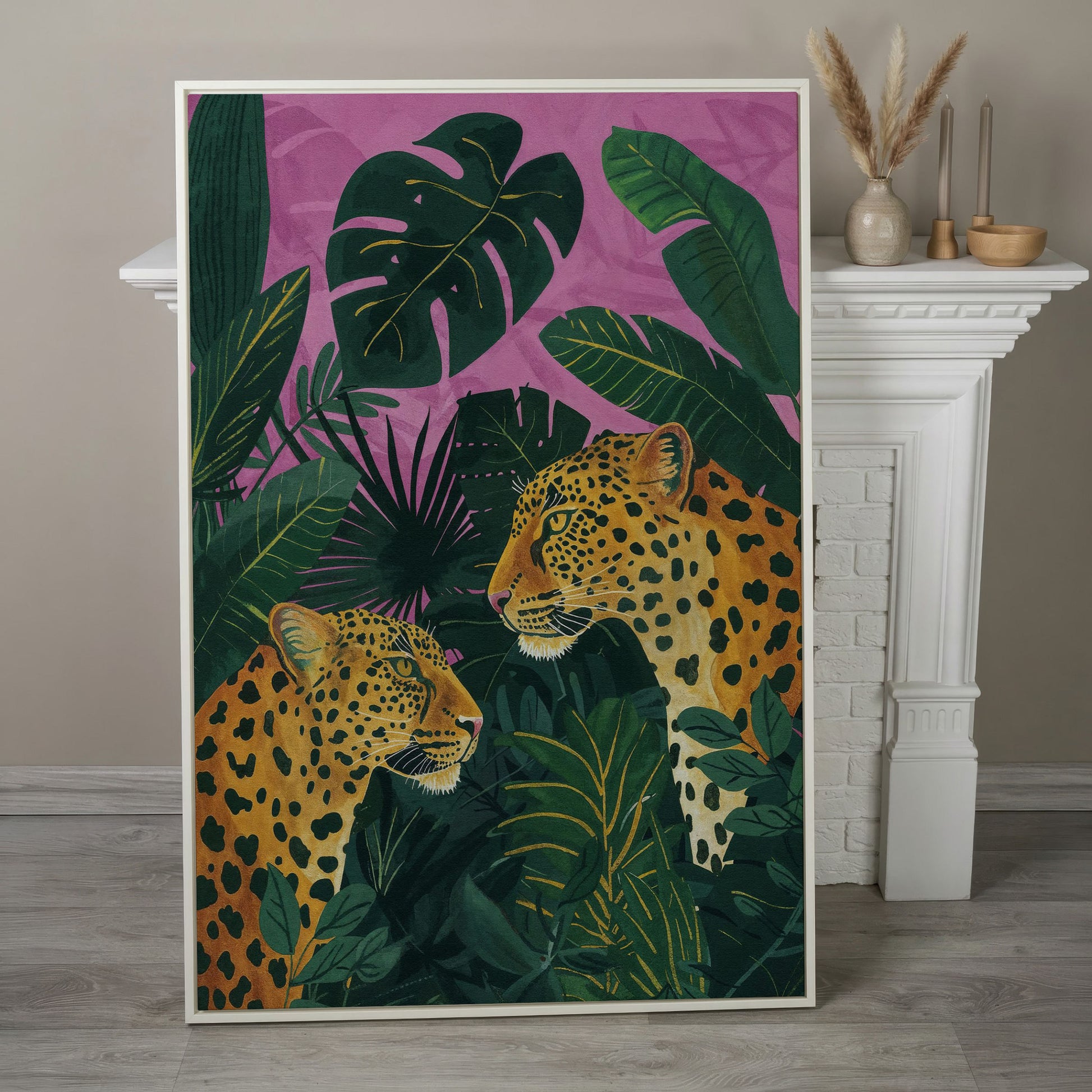 Leopard Pair in Tropical Jungle Canvas in white floating frame