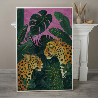 Leopard Pair in Tropical Jungle Canvas in white floating frame