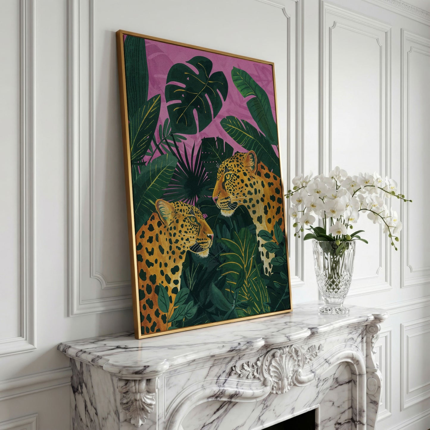 Leopard Pair in Tropical Jungle Canvas in yellow gold floating frame