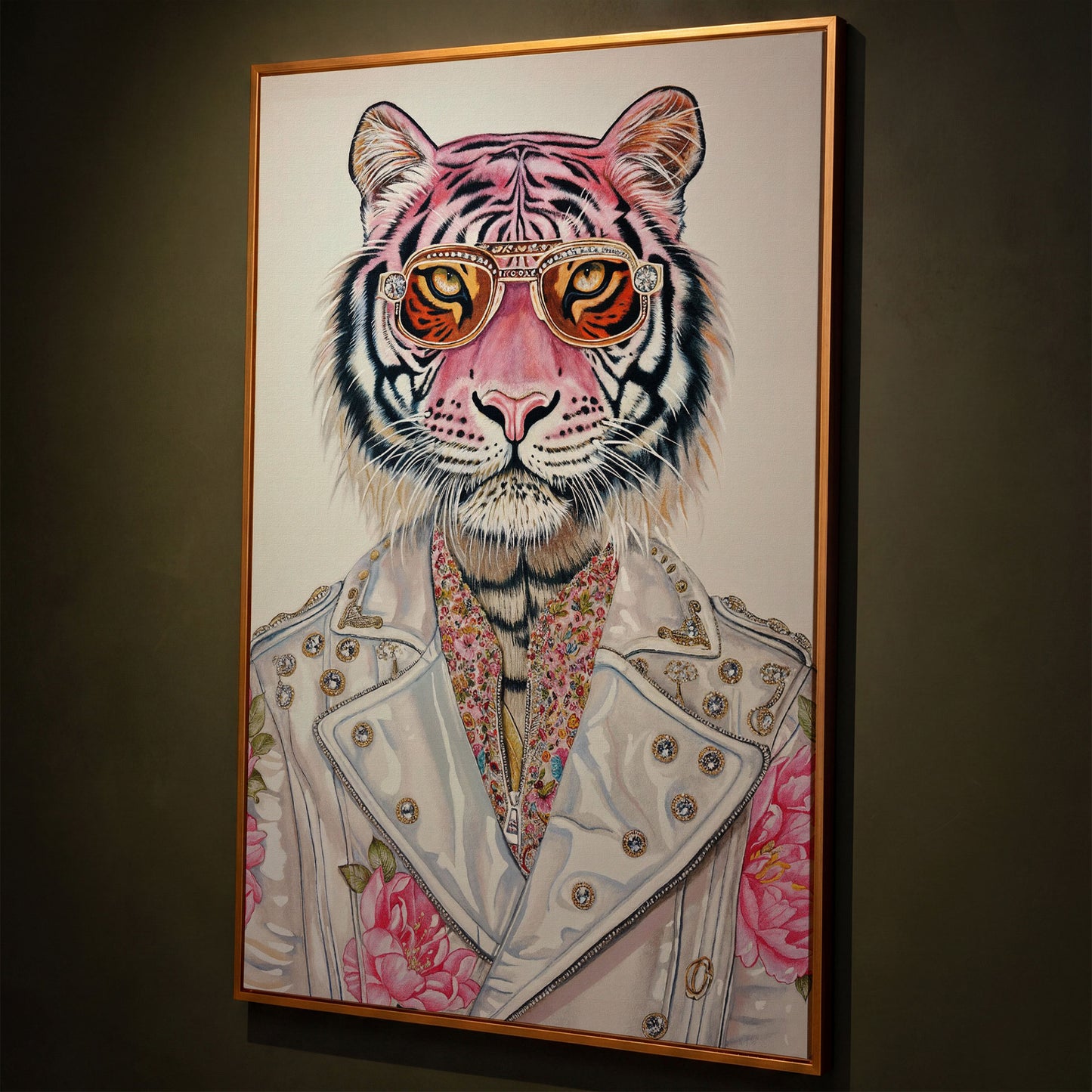 Stylish Pink Tiger with Sunglasses Canvas shown in antique gold floating frame