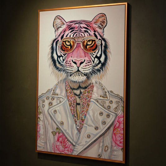 Stylish Pink Tiger with Sunglasses Canvas shown in antique gold floating frame
