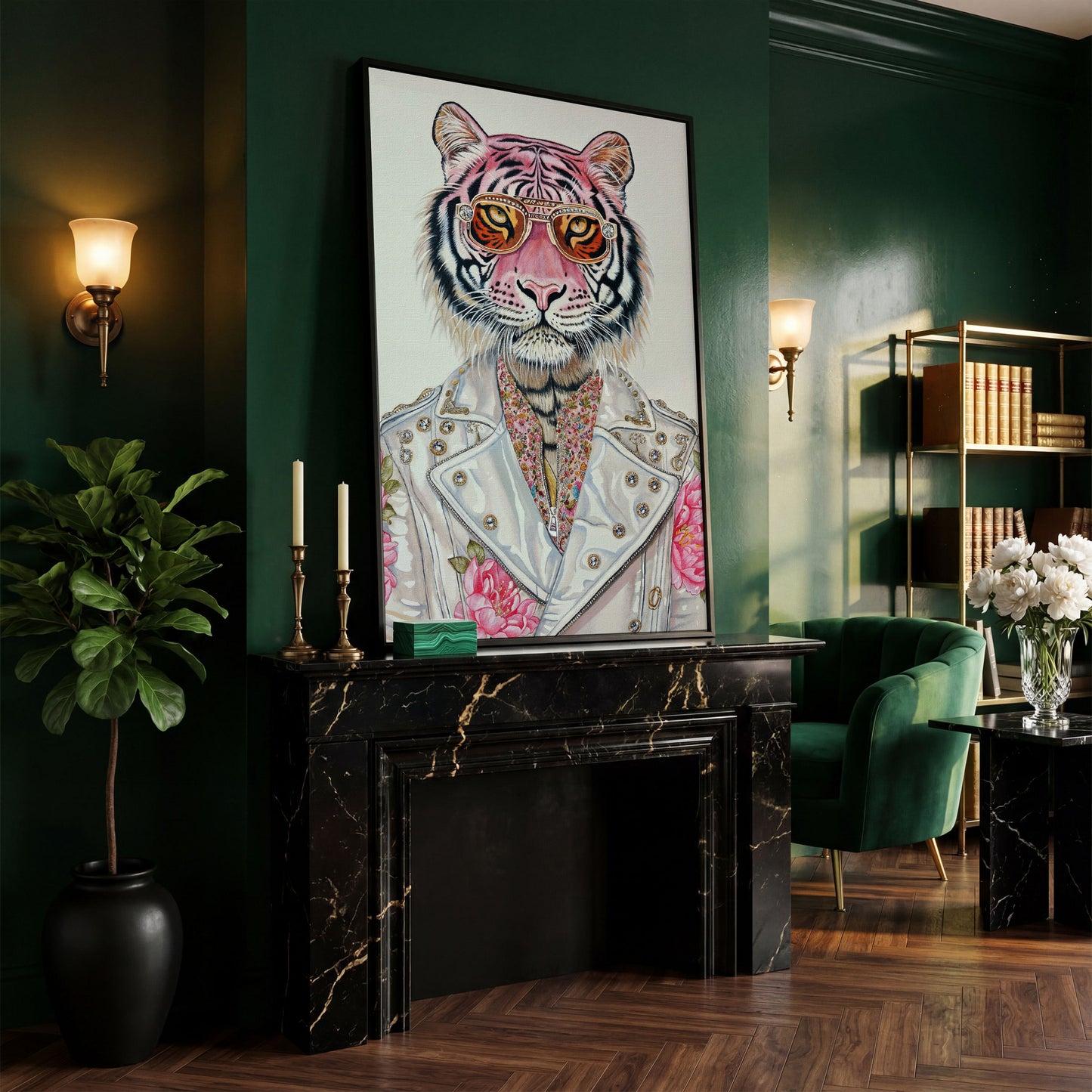 Stylish Pink Tiger with Sunglasses Canvas in black floating frame