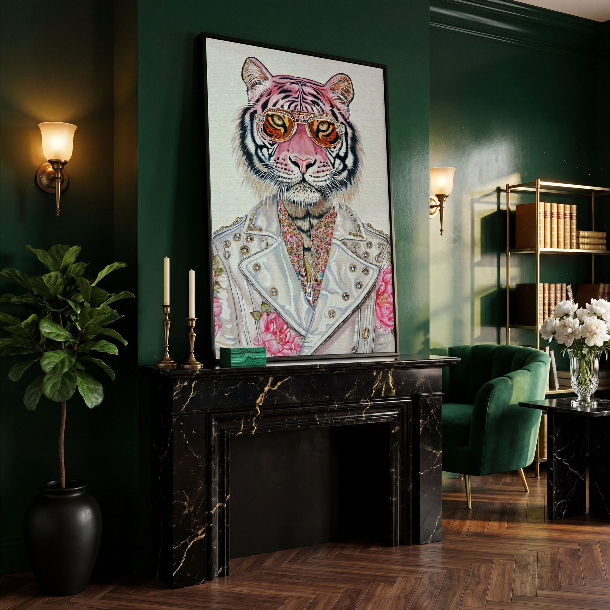 Stylish Pink Tiger with Sunglasses Canvas in black floating frame