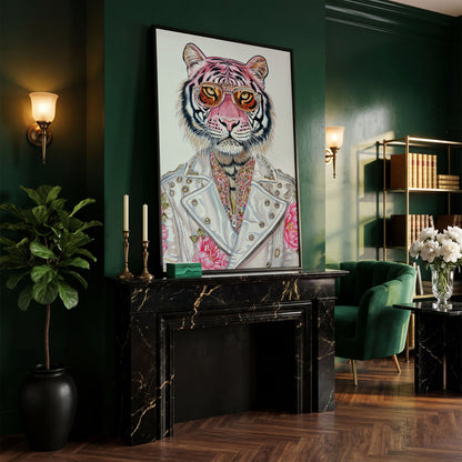 Stylish Pink Tiger with Sunglasses Canvas in black floating frame