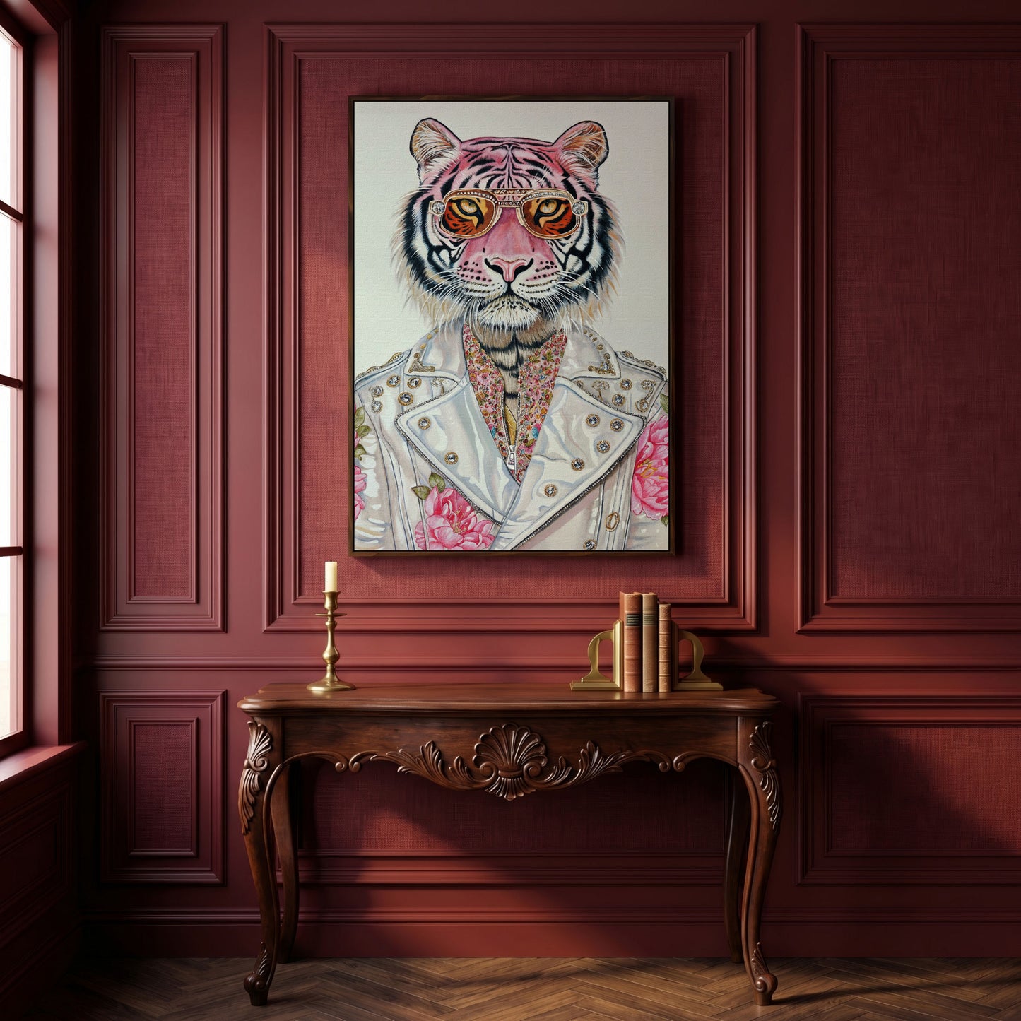 Stylish Pink Tiger with Sunglasses Canvas in dark walnut floating frame