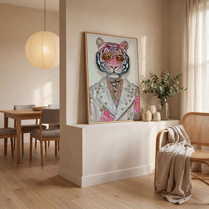 Stylish Pink Tiger with Sunglasses Canvas in white oak floating frame