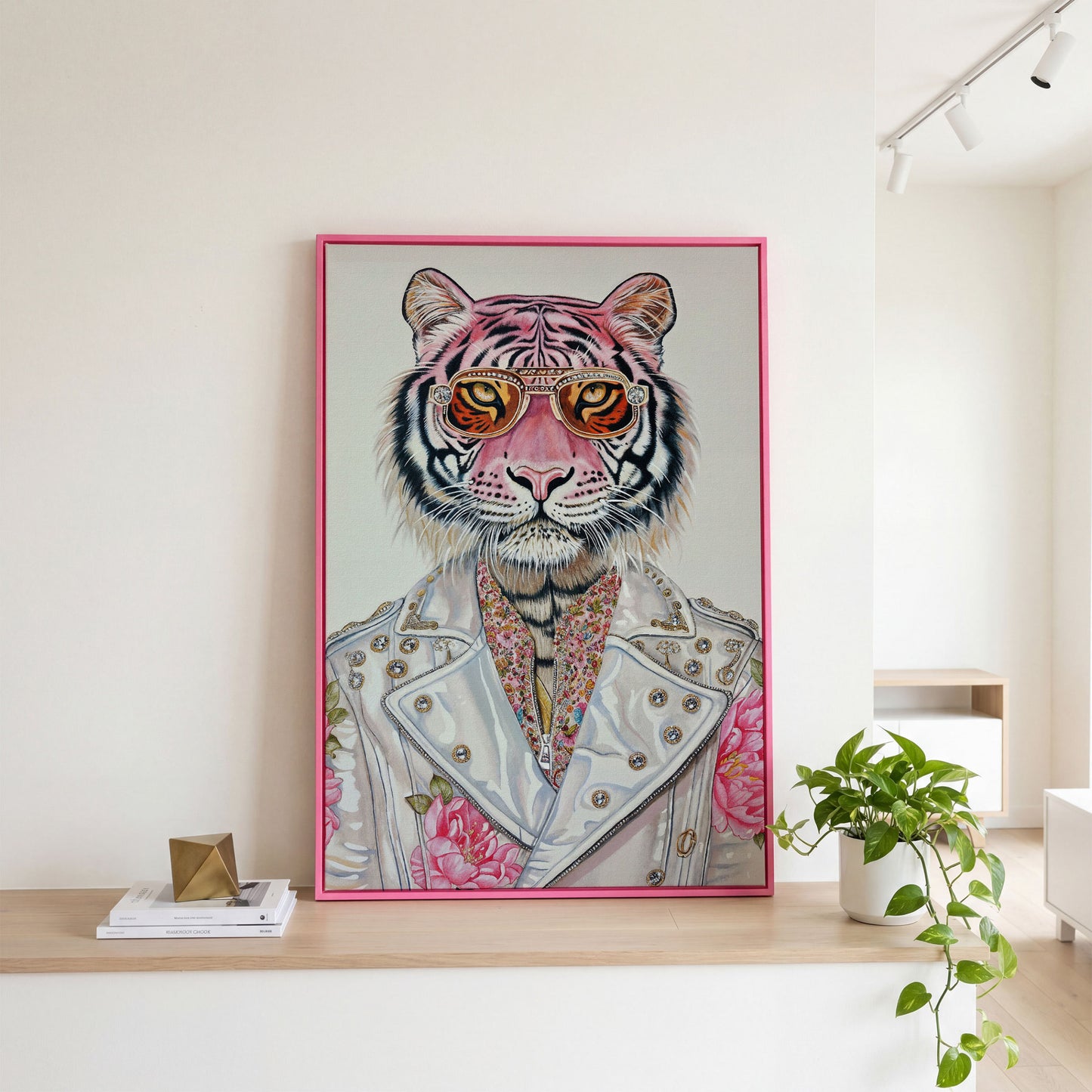 Stylish Pink Tiger with Sunglasses Canvas in pink floating frame