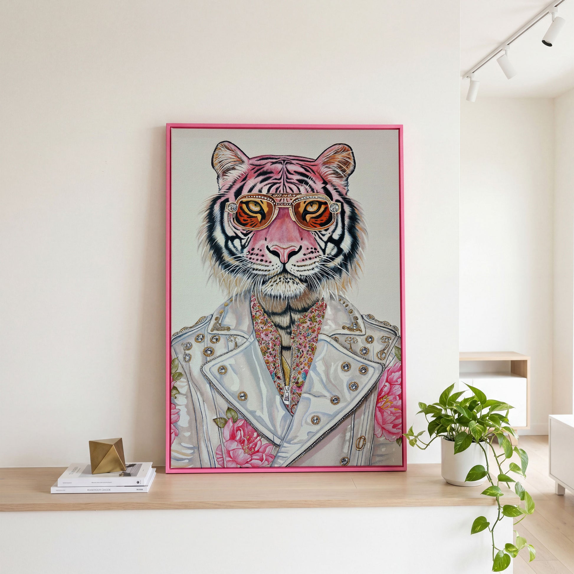 Stylish Pink Tiger with Sunglasses Canvas in pink floating frame