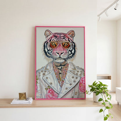 Stylish Pink Tiger with Sunglasses Canvas in pink floating frame