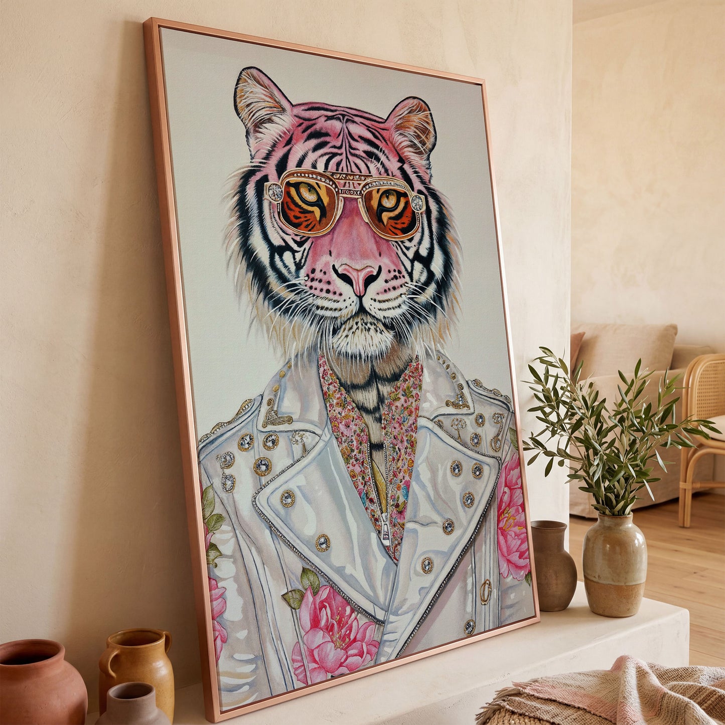 Stylish Pink Tiger with Sunglasses Canvas in rose gold floating frame
