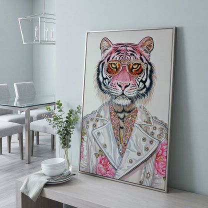 Stylish Pink Tiger with Sunglasses Canvas in silver floating frame