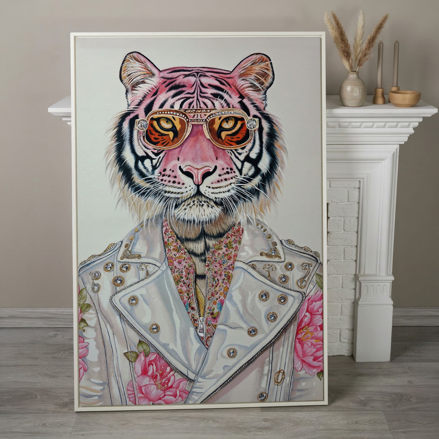 Stylish Pink Tiger with Sunglasses Canvas in white floating frame