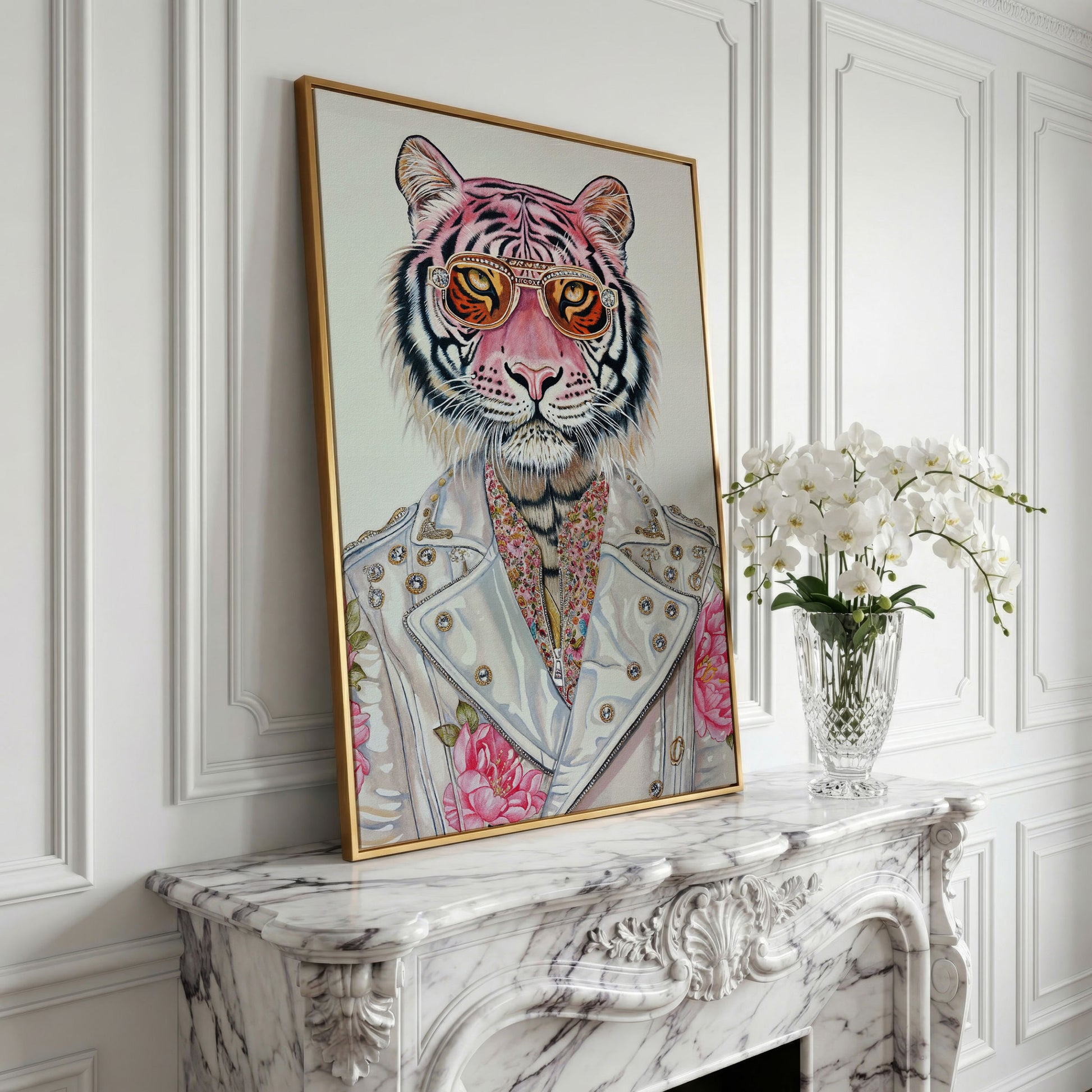 Stylish Pink Tiger with Sunglasses Canvas in yellow gold floating frame