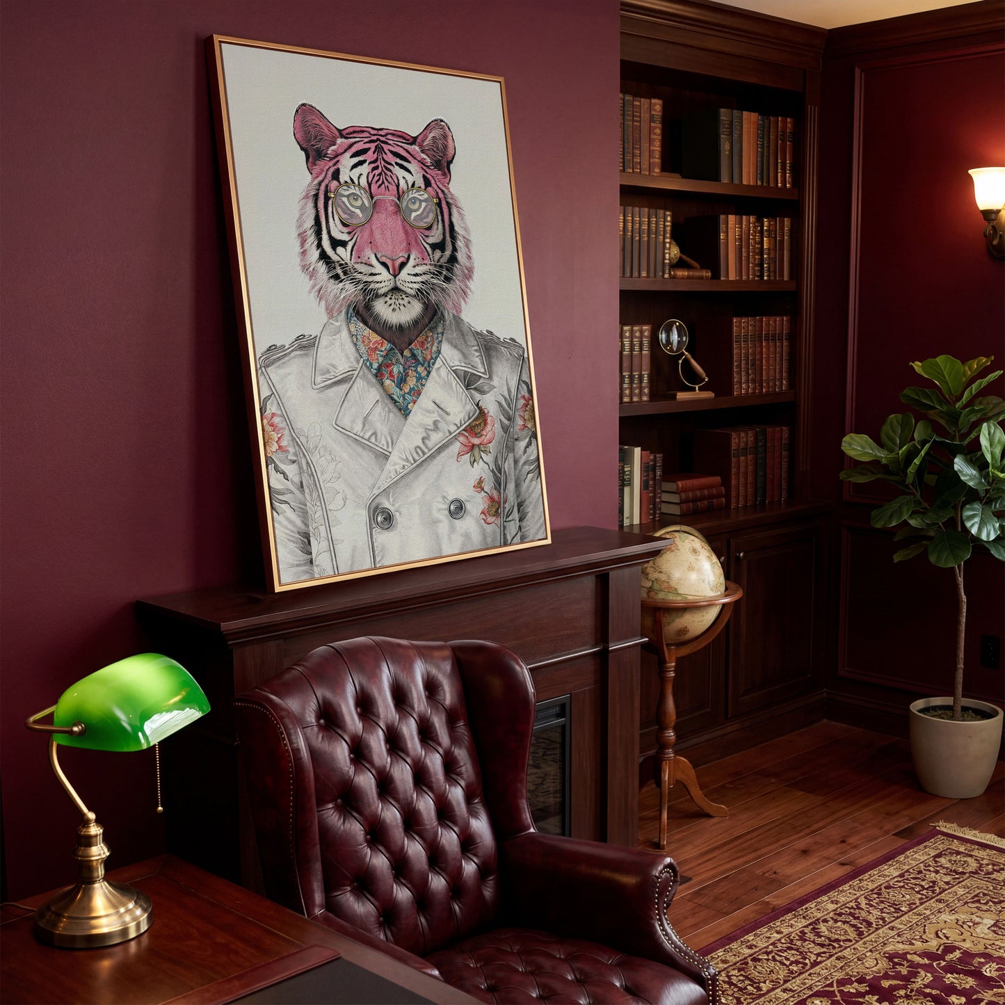 Pink Tiger in Floral Jacket Canvas Print in antique gold floating frame