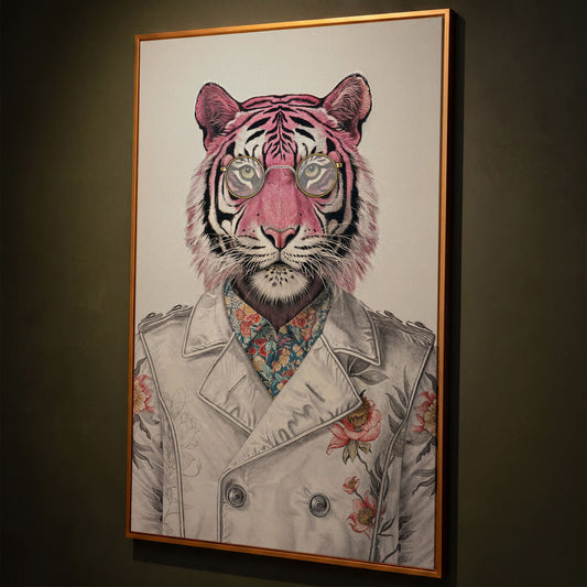 Pink Tiger in Floral Jacket Canvas Print shown in antique gold floating frame