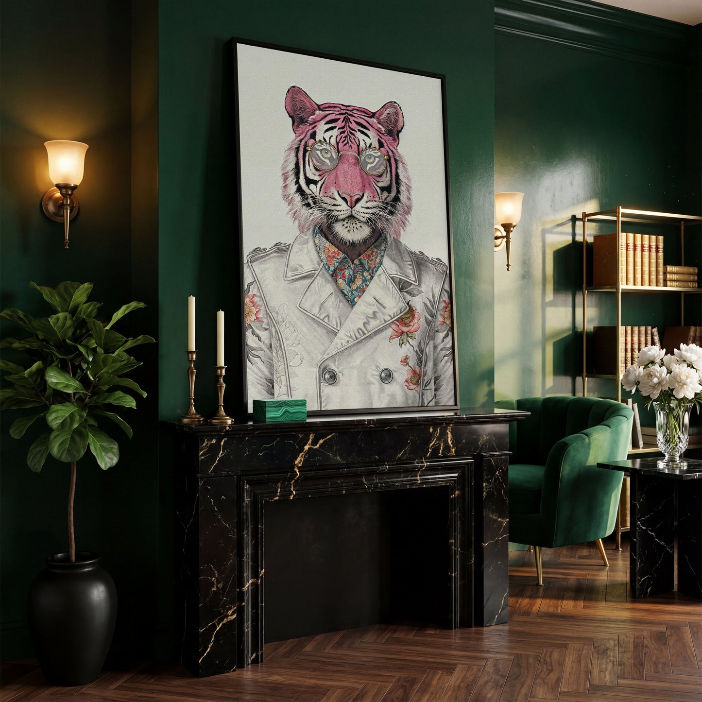 Pink Tiger in Floral Jacket Canvas Print in black floating frame