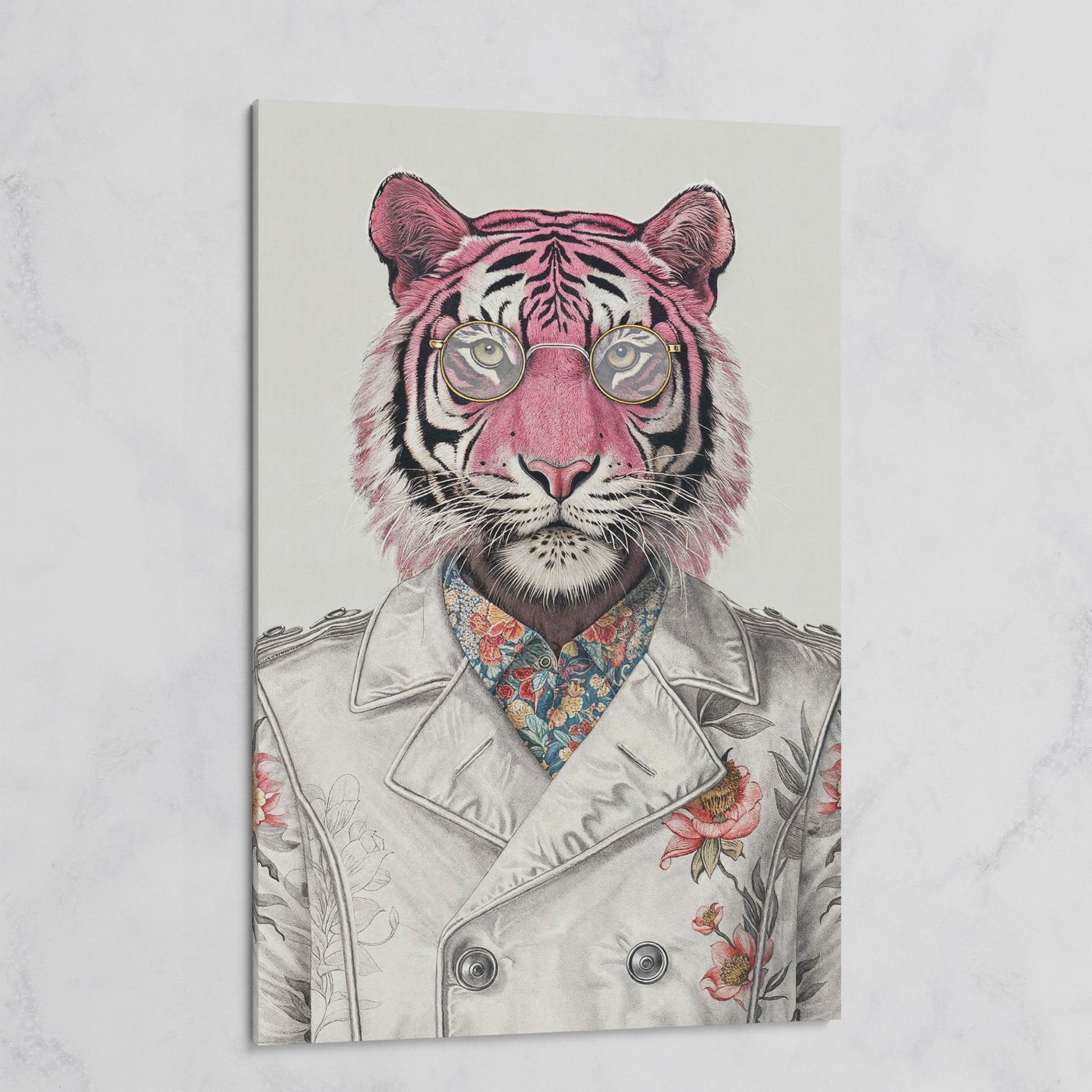 Pink Tiger in Floral Jacket Canvas Print on gallery wrap