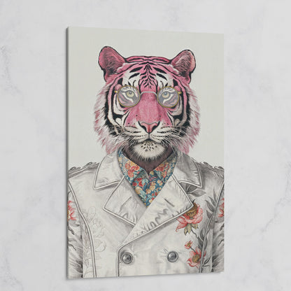 Pink Tiger in Floral Jacket Canvas Print on gallery wrap