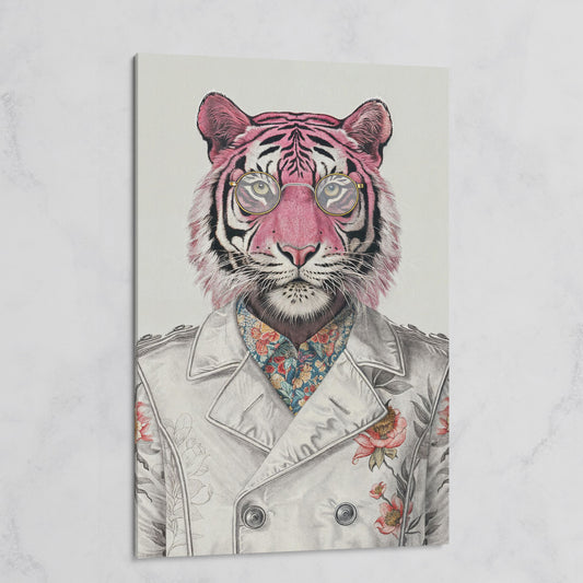 Pink Tiger in Floral Jacket Canvas Print on gallery wrap