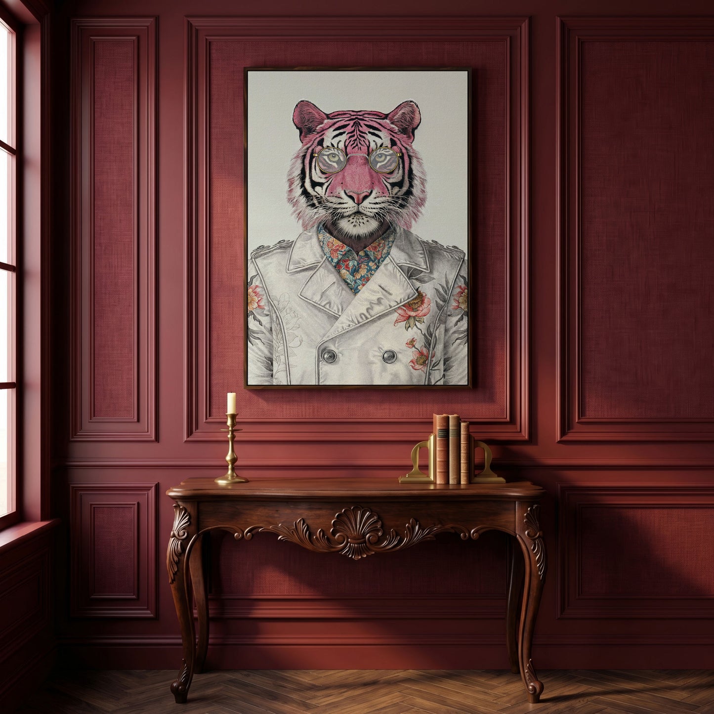 Pink Tiger in Floral Jacket Canvas Print in dark walnut floating frame