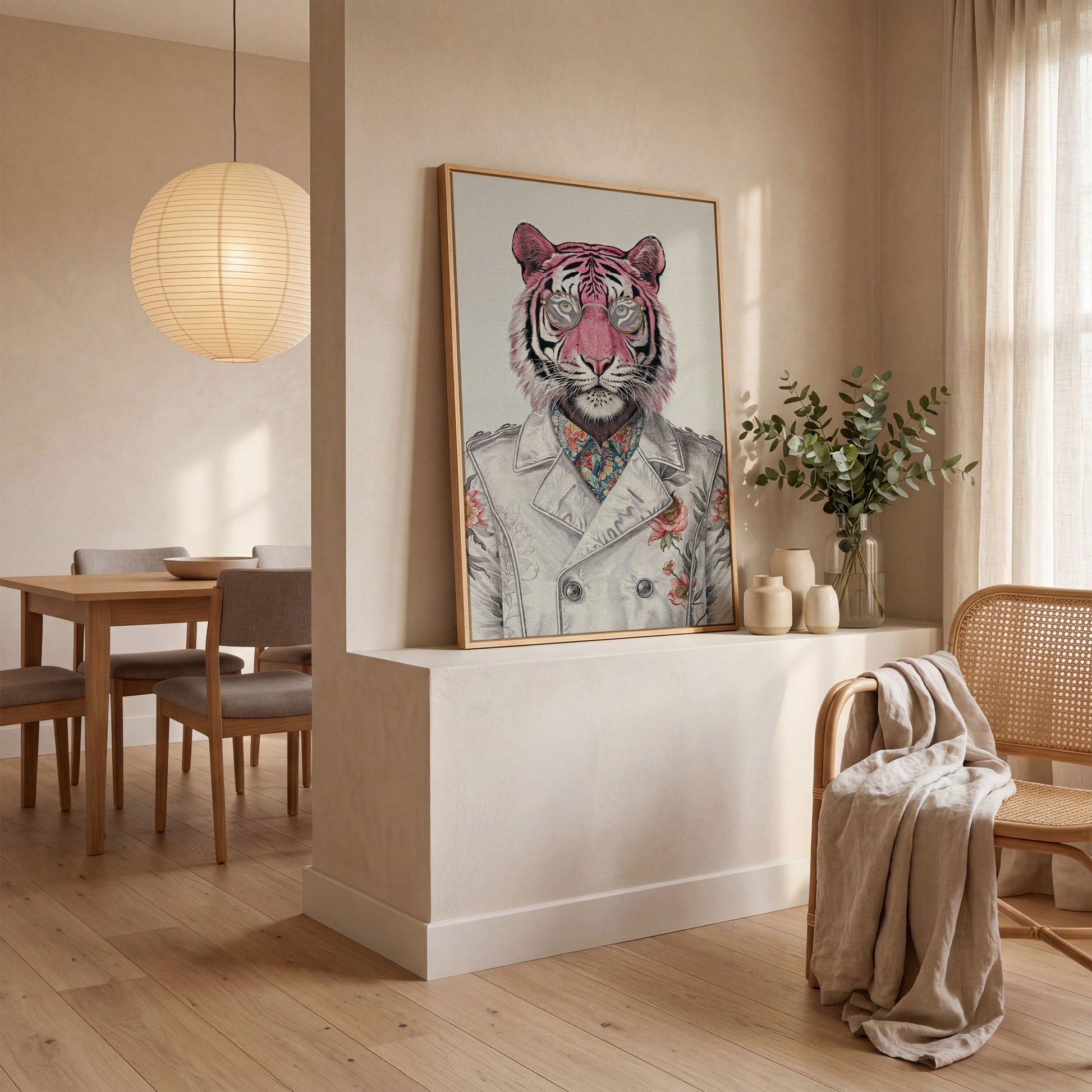 Pink Tiger in Floral Jacket Canvas Print in white oak floating frame