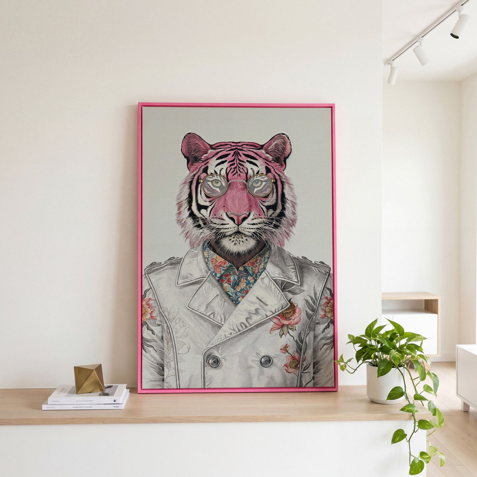 Pink Tiger in Floral Jacket Canvas Print in pink floating frame