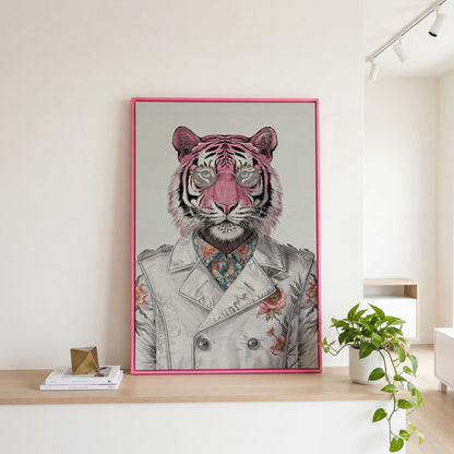 Pink Tiger in Floral Jacket Canvas Print in pink floating frame