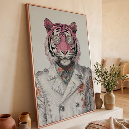 Pink Tiger in Floral Jacket Canvas Print in rose gold floating frame