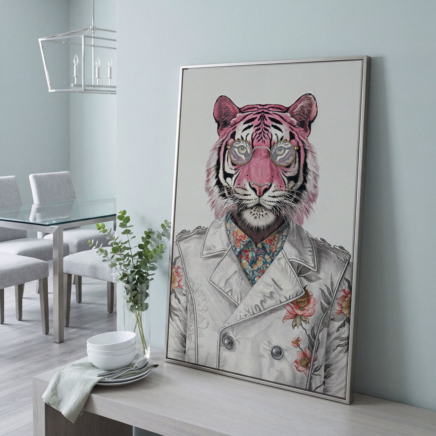 Pink Tiger in Floral Jacket Canvas Print in silver floating frame