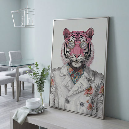 Pink Tiger in Floral Jacket Canvas Print in silver floating frame