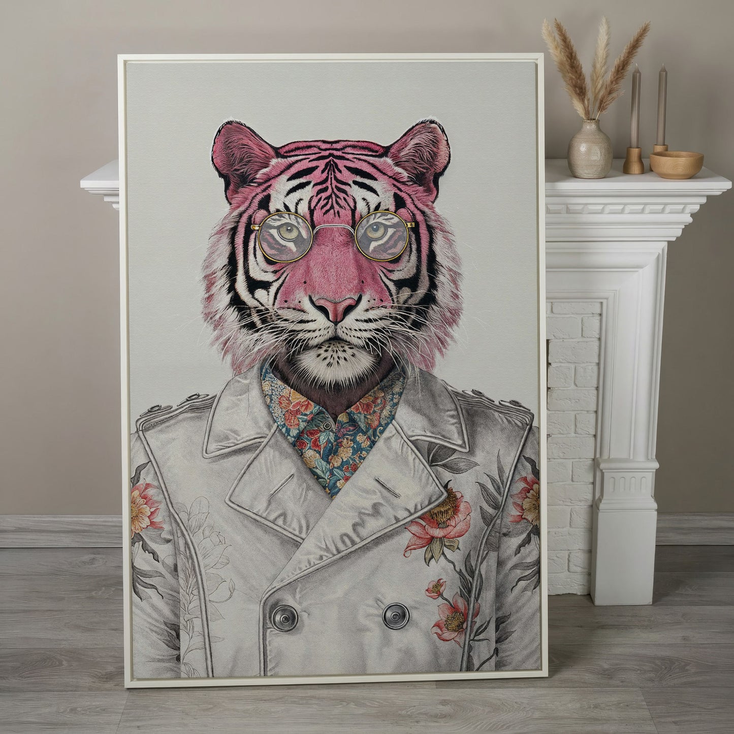Pink Tiger in Floral Jacket Canvas Print in white floating frame