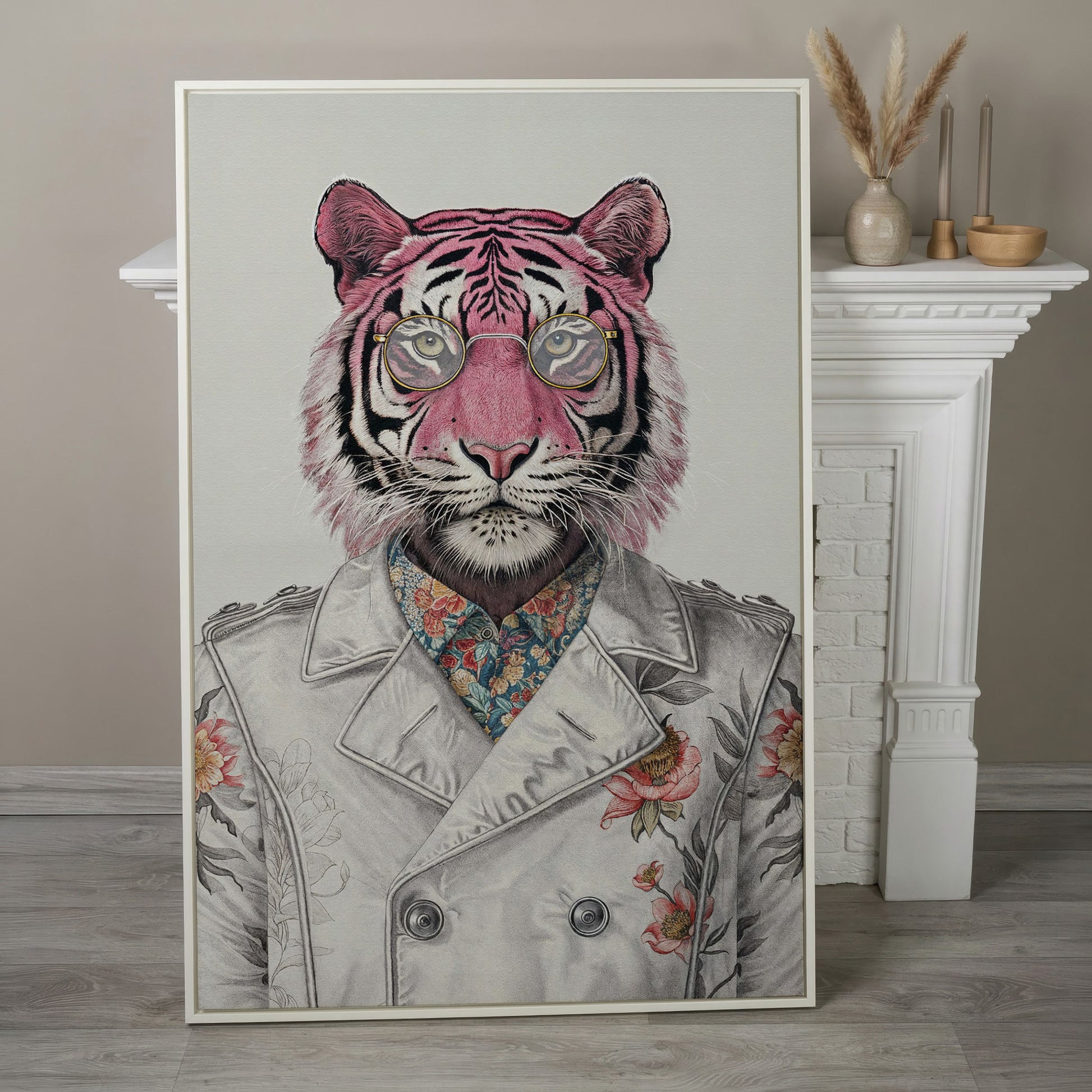 Pink Tiger in Floral Jacket Canvas Print in white floating frame