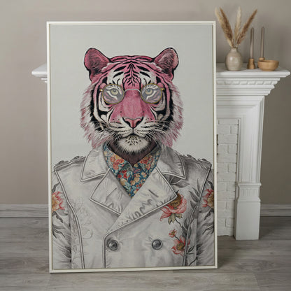 Pink Tiger in Floral Jacket Canvas Print in white floating frame